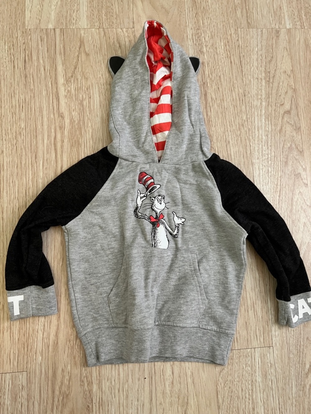Dr. Seuss Gray & Black Cat in the Hat Hoodie with Red-White Striped Hood Lining